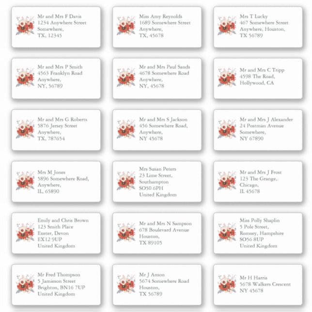 Pegatina Red Florals Nombre de invitado de Boda individual (Anverso)