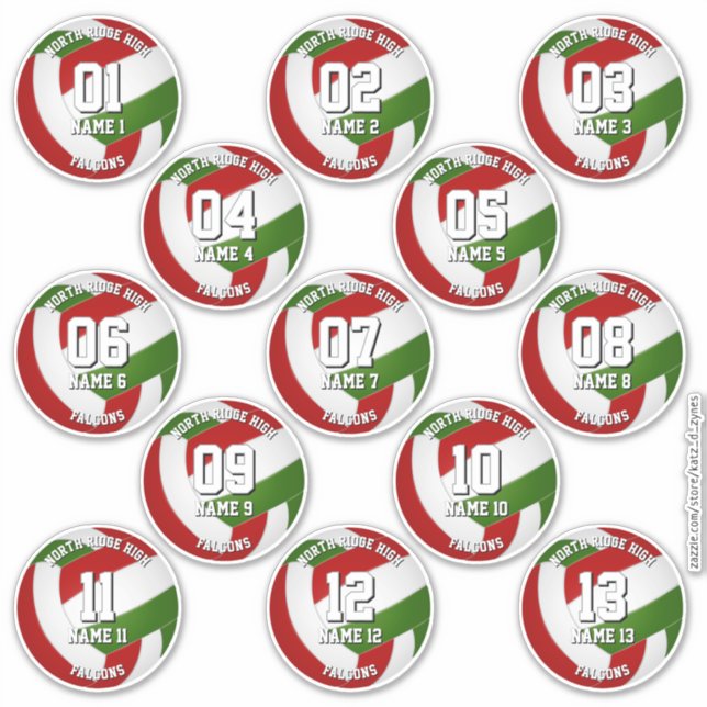 Pegatina red green volleyball team stickers for 13 athletes (Anverso)