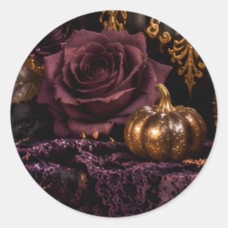 PEGATINA REDONDA ゴシックハロウィン 紫の薔薇とパンプキン 招待状シール