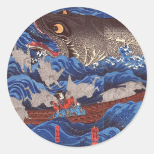 Pegatina Redonda 怪 物 鮫,国 Monster Shark, Kuniyoshi, Ukiyo-e