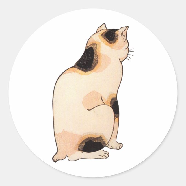 Pegatina Redonda 日本猫, gato japonés del 国芳, Kuniyoshi, Ukiyo-e (Anverso)