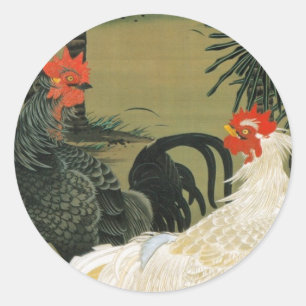 Pegatina Redonda 棕 櫚 雄 鶏 図, 若 冲 Palm Tree & Rooster, Jakuchū