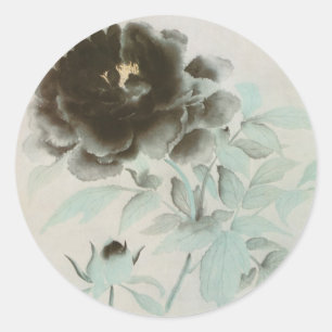 Pegatina Redonda 牡 丹, 速 水 舟 Peony, Gyoshū, arte jpanés