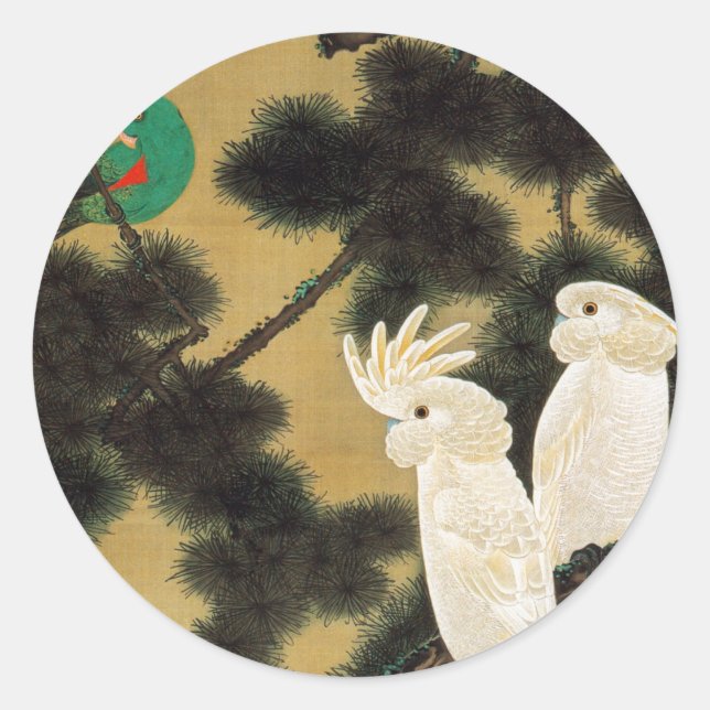 Pegatina Redonda 老 松 鸚 鵡 図, 若 Pine-tree & Parrot, Jakuchū (Anverso)