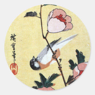 Pegatina Redonda 花 に 鳥, 広 重 Pájaro y Flor, Hiroshige, Ukiyo-e