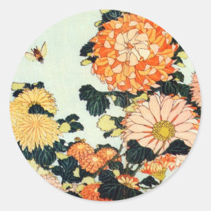 Pegatina Redonda 菊 と 蜂, 北 Chrysanthemum y Bee, Hokusai