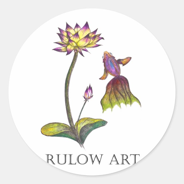 Pegatina Redonda 金魚と蓮　カラー　Black logo ver. (Anverso)