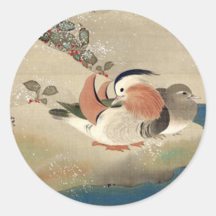 Pegatina Redonda 雪 中 鳥 (部 分), 抱 de aves en la nieve (detalle), Hōit