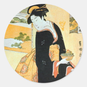 Pegatina Redonda 黒 い 着 物 女, 豊 Mujer Matorral de Kimono Negro, Toyok