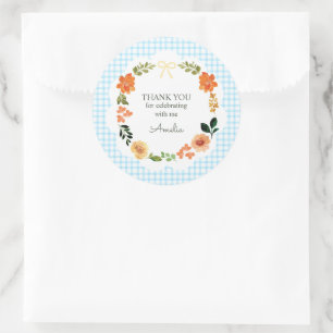 Pegatina Redonda 002 Azul Cerúleo Floral Cuadro Bebé Shower