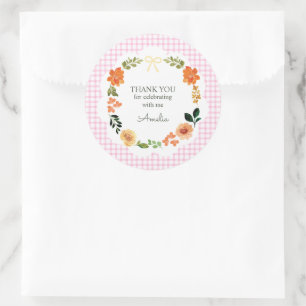 Pegatina Redonda 009 Rosa Fucsia Floral Gingham Baby Shower