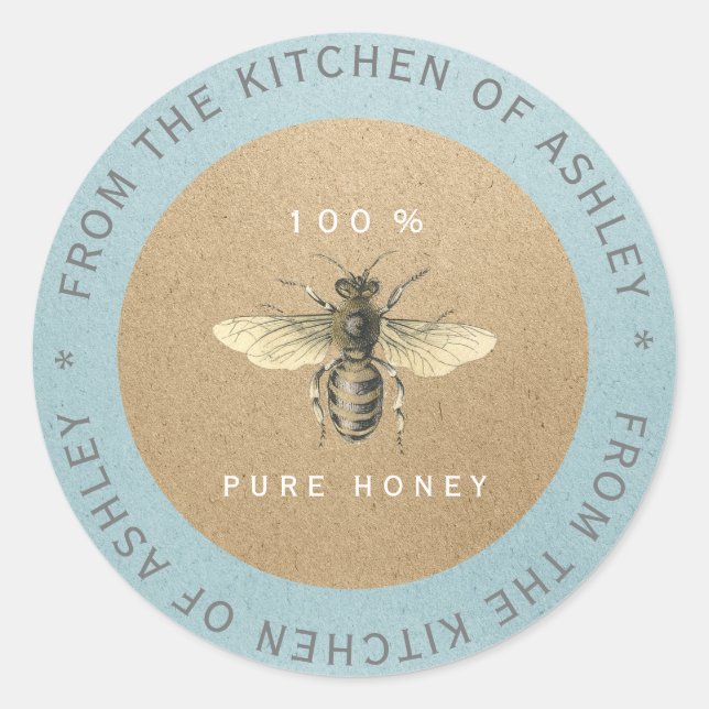 Pegatina Redonda 100% Cocina casera Kraft Bee Gray Blue (Anverso)