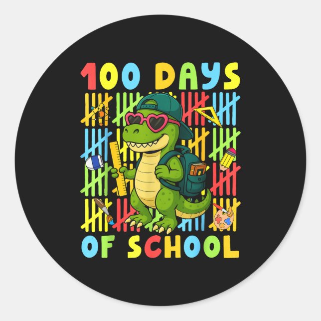 Pegatina Redonda 100 Days Of School Funny Dinosaur T-rex Boy Girl T (Anverso)