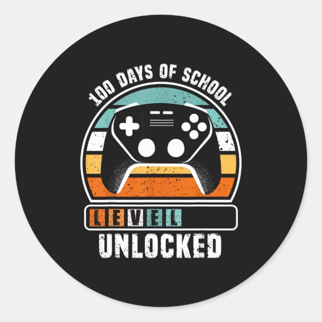Pegatina Redonda 100 Days Of School Level Unlocked Funny Gamers Boy (Anverso)