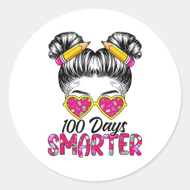 Pegatina Redonda 100 Days Smarter Girls Messy Bun Hair 100th Day Of (Anverso)