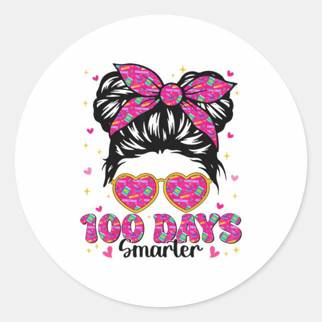 Pegatina Redonda 100 Days Smarter Messy Bun 100th Day Of School Tea (Anverso)