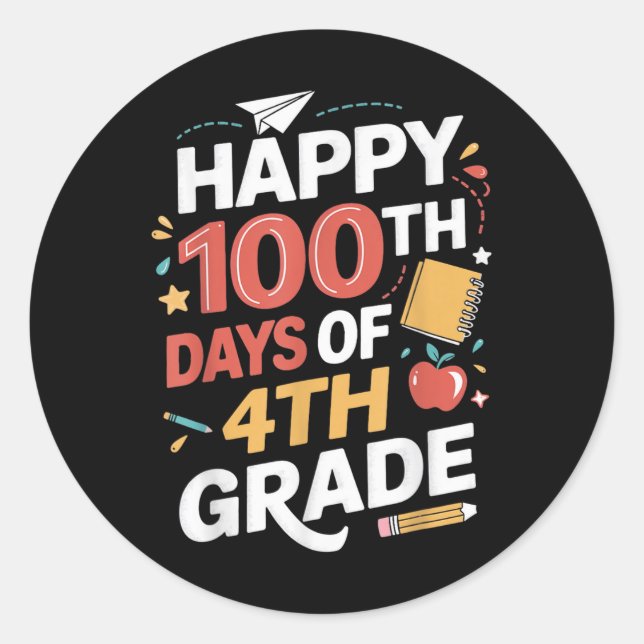 Pegatina Redonda 100° Día de Maestra Estudiantil de 4º Grado 100 Dí (Anverso)