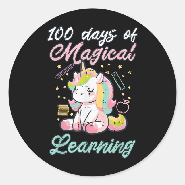 Pegatina Redonda 100 días de aprendizaje mágico Unicornio Chicas de (Anverso)