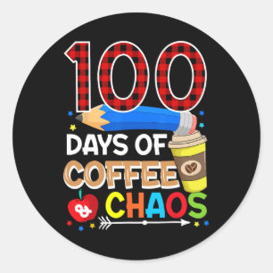 Pegatina Redonda 100 Días De Café Y Caos - 100° Día De La Escuela