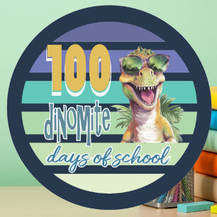 Pegatina Redonda 100 Días de Colegio Dinosaurio Estudiante Profesor