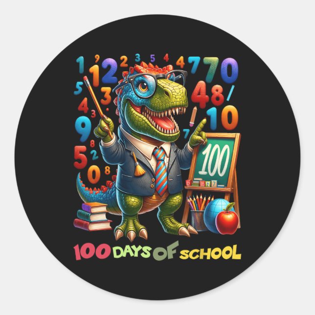 Pegatina Redonda 100 Días De Diversión Escolar De T-rex Math Para P (Anverso)