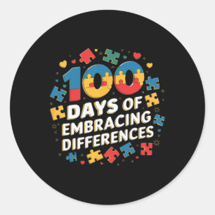 Pegatina Redonda 100 Días De Enseñanza Escolar Que Abarca Diferente