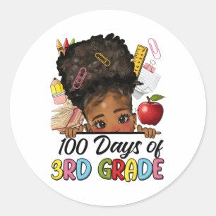 Pegatina Redonda 100 Días De Escuela 3° Grado Afro Chica Messy Bun