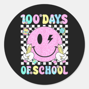 Pegatina Redonda 100 Días De Escuela Cara Sonriente Retro Maestra N