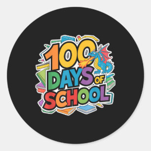 Pegatina Redonda 100 Días De Escuela Dragón Temática Niños Profesor