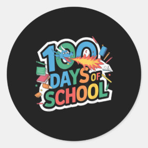 Pegatina Redonda 100 Días De Escuela Dragón Temática Niños Profesor
