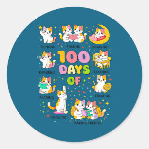 Pegatina Redonda 100 días de escuela gatitos lindos inteligentes ga