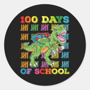 Pegatina Redonda 100 Días De Escuela Para Estudiante De Dinosaurio 