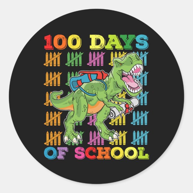 Pegatina Redonda 100 Días De Escuela Para Estudiante De Dinosaurio  (Anverso)