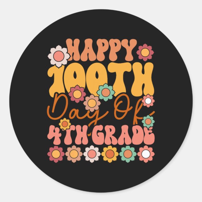 Pegatina Redonda 100 Días De Maestra De 4º Grado Cute Groovy Gir (Anverso)