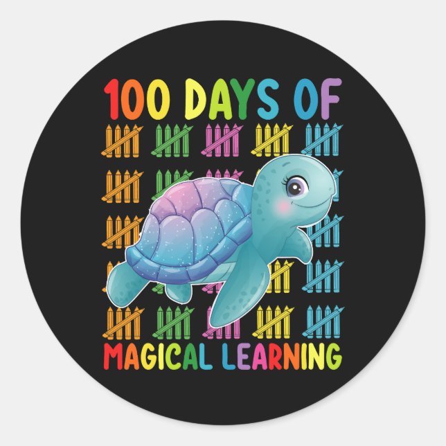 Pegatina Redonda 100 Días De Magical Learning Turtle School (Anverso)