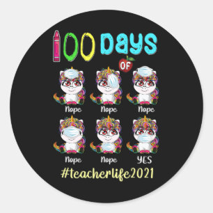Pegatina Redonda 100 Días De Profesora Escolar Unicornio Con Máscar