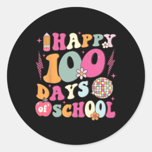 Pegatina Redonda 100 Días De Retro Disco 100 Día Escolar