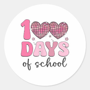 Pegatina Redonda 100 Días De Retro Disco Escolar Corazón 100 Día De