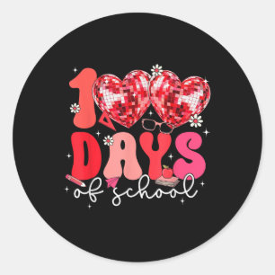 Pegatina Redonda 100 Días De Retro Disco Escolar Corazón 100 Día De
