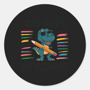 Pegatina Redonda 100 días de T-rex escolar Feliz 100 días de colegi