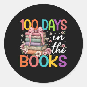 Pegatina Redonda 100 Días En Los Libros Leyendo Flores Bow Maestra 