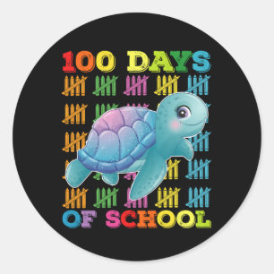 Pegatina Redonda 100 Días Escolares De Maestros De Tortuga