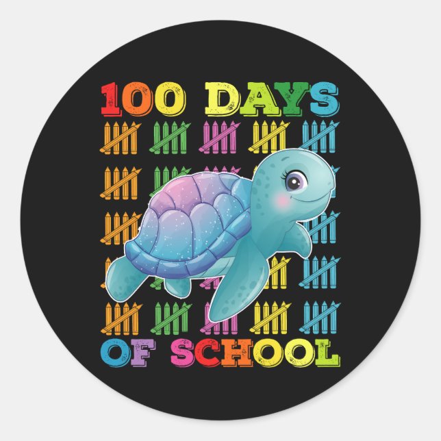 Pegatina Redonda 100 Días Escolares De Maestros De Tortuga (Anverso)