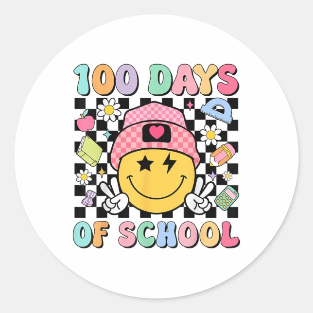 Pegatina Redonda 100 Días Groovy De Profesores Escolares Estudiante (Anverso)