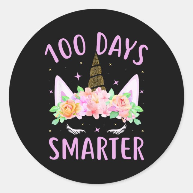 Pegatina Redonda 100 días más inteligentes niños unicornios disfrac (Anverso)