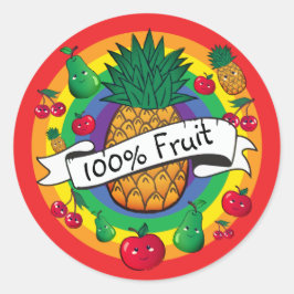 Pegatina Redonda "100% Fruta" fruto kawaii de color arcoiris