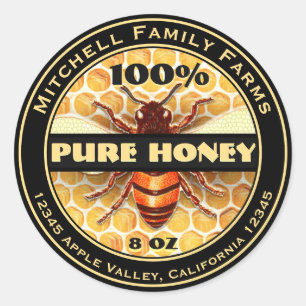 Pegatina Redonda 100% Pure Honey Bee Lable