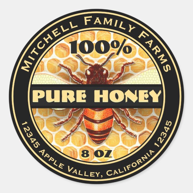 Pegatina Redonda 100% Pure Honey Bee Lable (Anverso)