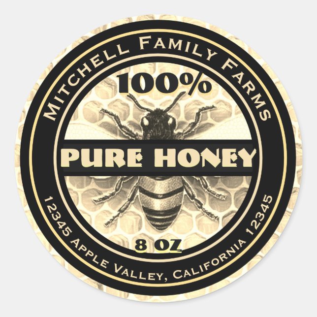 Pegatina Redonda 100% Pure Honey Bee Lable (Anverso)