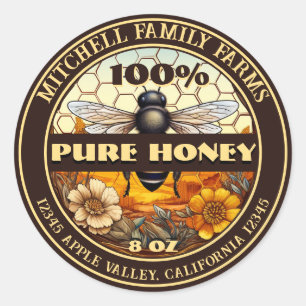 Pegatina Redonda 100% Pure Honey Bee Lable